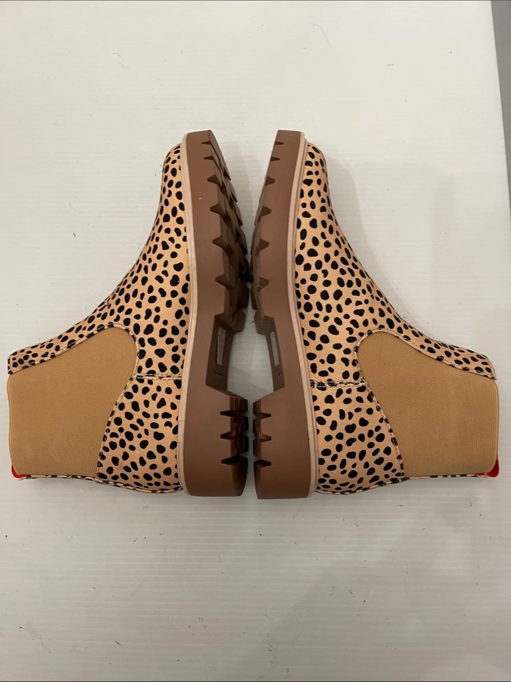 Dolce Vita Leopard Print Chelsea Boot in Tan and Black with Red Pull Tab Women’